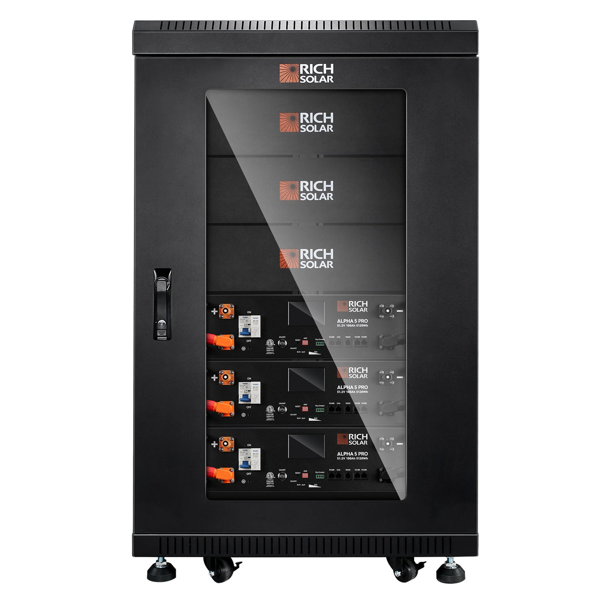 Rich SolarBattery Server Rack for ALPHA 5 PRO | 6-Slot Enclosed Battery Cabinet | Includes Wheels & 600A Bus Bar Covers | Pre-assembled