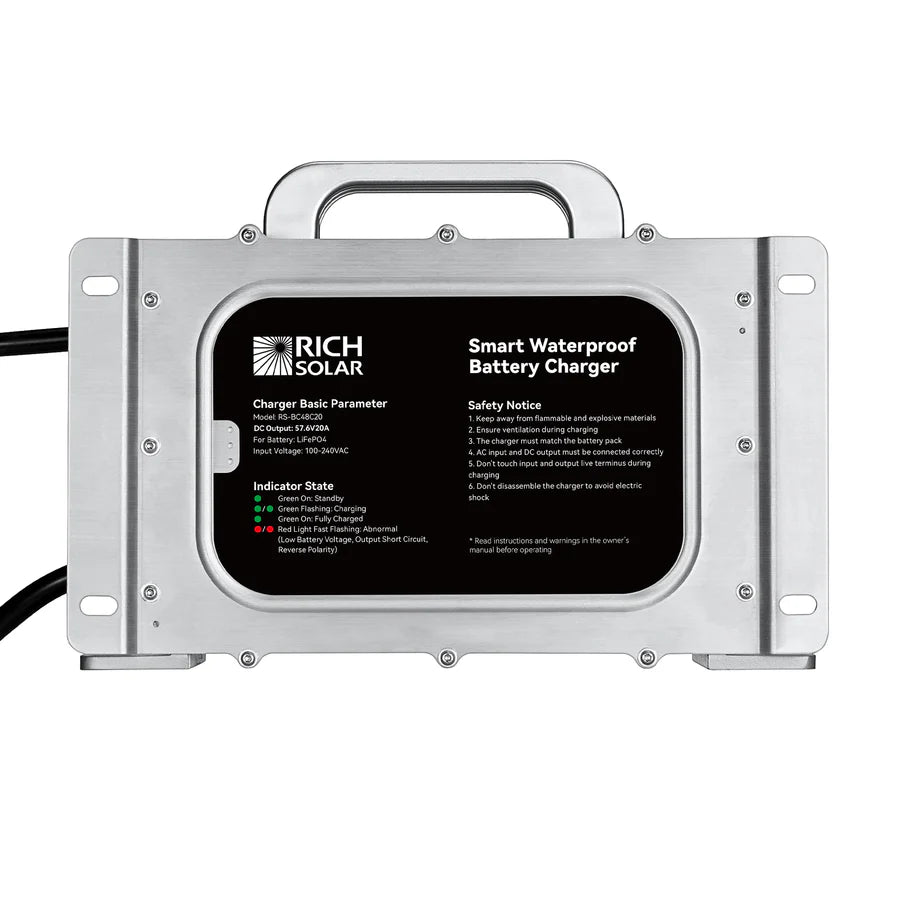 RICH SOLRA 48V (57.6V) Waterproof LiFePO4 Charger | 20A / 25A, 100-240V AC, 8-in-1 Protection, Fan-Cooled