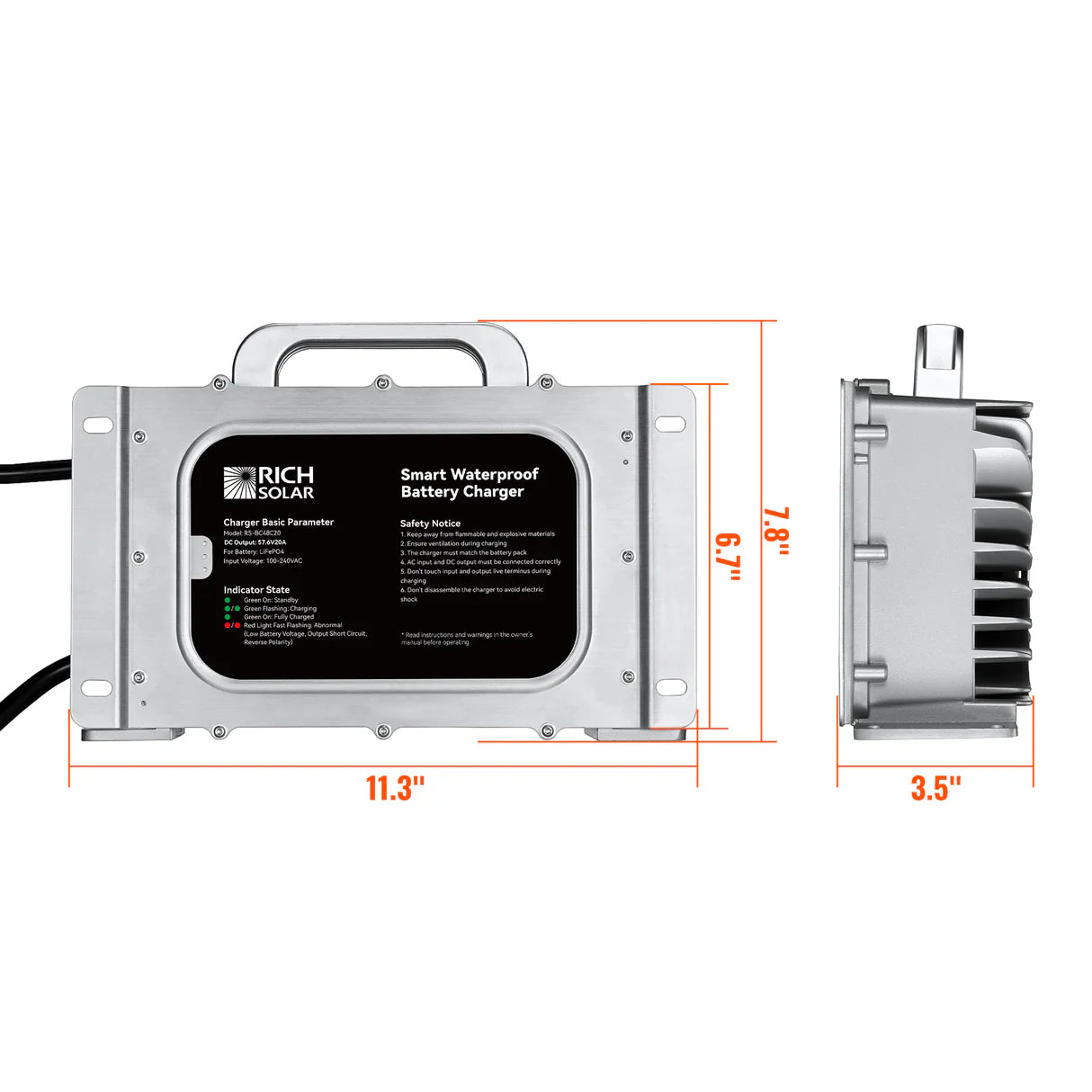 RICH SOLRA 48V (57.6V) Waterproof LiFePO4 Charger | 20A / 25A, 100-240V AC, 8-in-1 Protection, Fan-Cooled