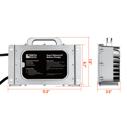 RICH SOLRA 48V (57.6V) Waterproof LiFePO4 Charger | 20A / 25A, 100-240V AC, 8-in-1 Protection, Fan-Cooled