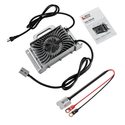 RICH SOLRA 48V (57.6V) Waterproof LiFePO4 Charger | 20A / 25A, 100-240V AC, 8-in-1 Protection, Fan-Cooled