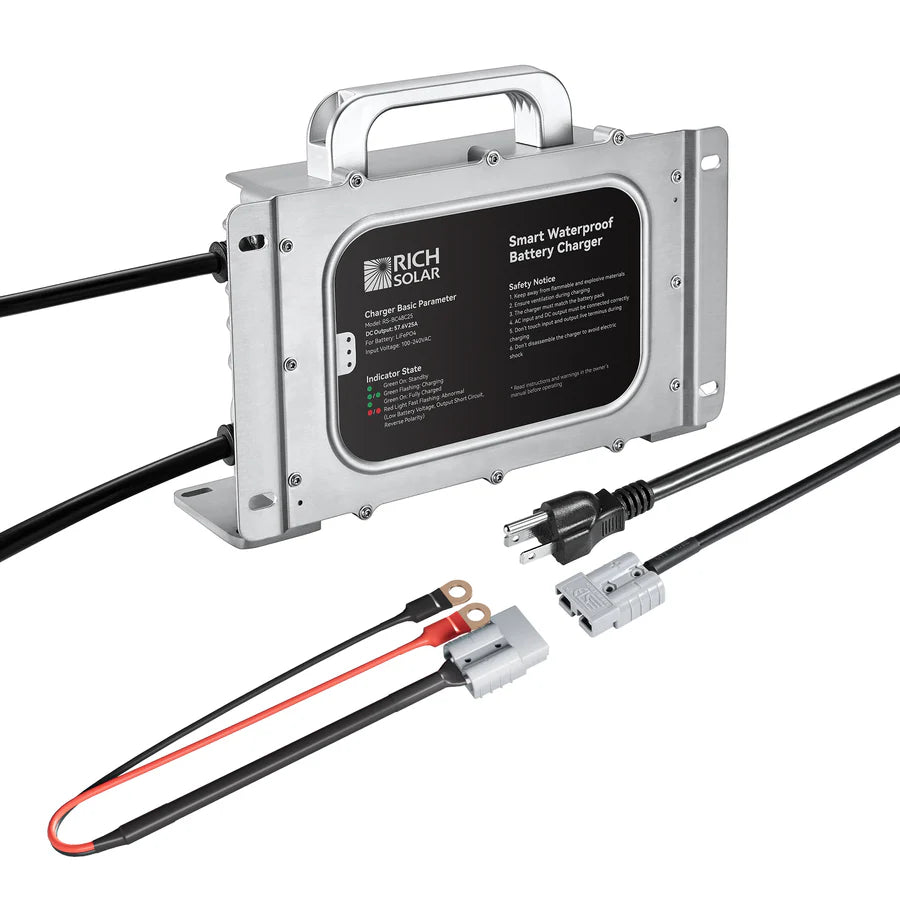 RICH SOLRA 48V (57.6V) Waterproof LiFePO4 Charger | 20A / 25A, 100-240V AC, 8-in-1 Protection, Fan-Cooled