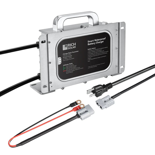 RICH SOLRA 48V (57.6V) Waterproof LiFePO4 Charger | 20A / 25A, 100-240V AC, 8-in-1 Protection, Fan-Cooled
