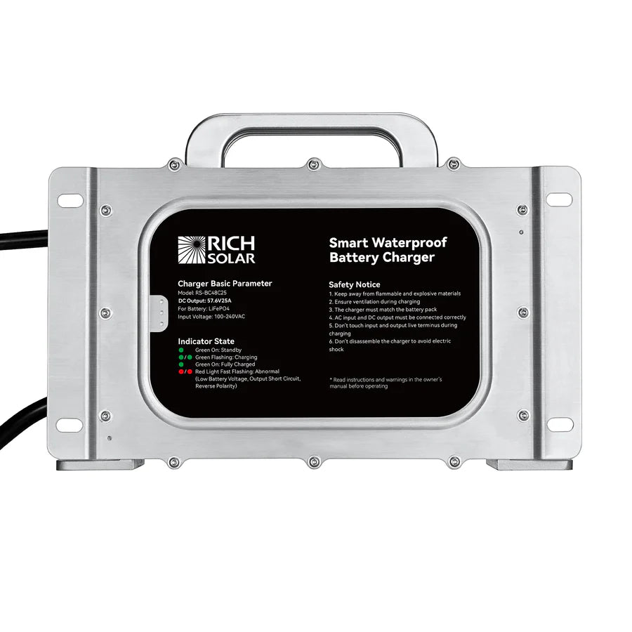 RICH SOLRA 48V (57.6V) Waterproof LiFePO4 Charger | 20A / 25A, 100-240V AC, 8-in-1 Protection, Fan-Cooled