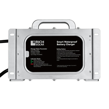 RICH SOLRA 48V (57.6V) Waterproof LiFePO4 Charger | 20A / 25A, 100-240V AC, 8-in-1 Protection, Fan-Cooled