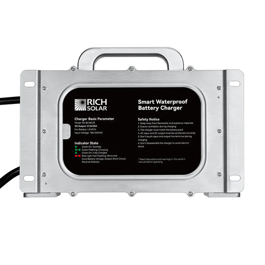 RICH SOLRA 48V (57.6V) Waterproof LiFePO4 Charger | 20A / 25A, 100-240V AC, 8-in-1 Protection, Fan-Cooled