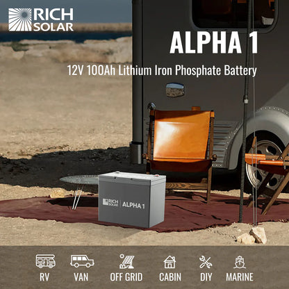 Rich Solar ALPHA 1 Series | 12V 100Ah LiFePO4 Battery | Powerful 12V Lithium Battery for RVs, Trailers, Vans, Boats, Off-Grid| Bluetooth and Internal Heat Technology