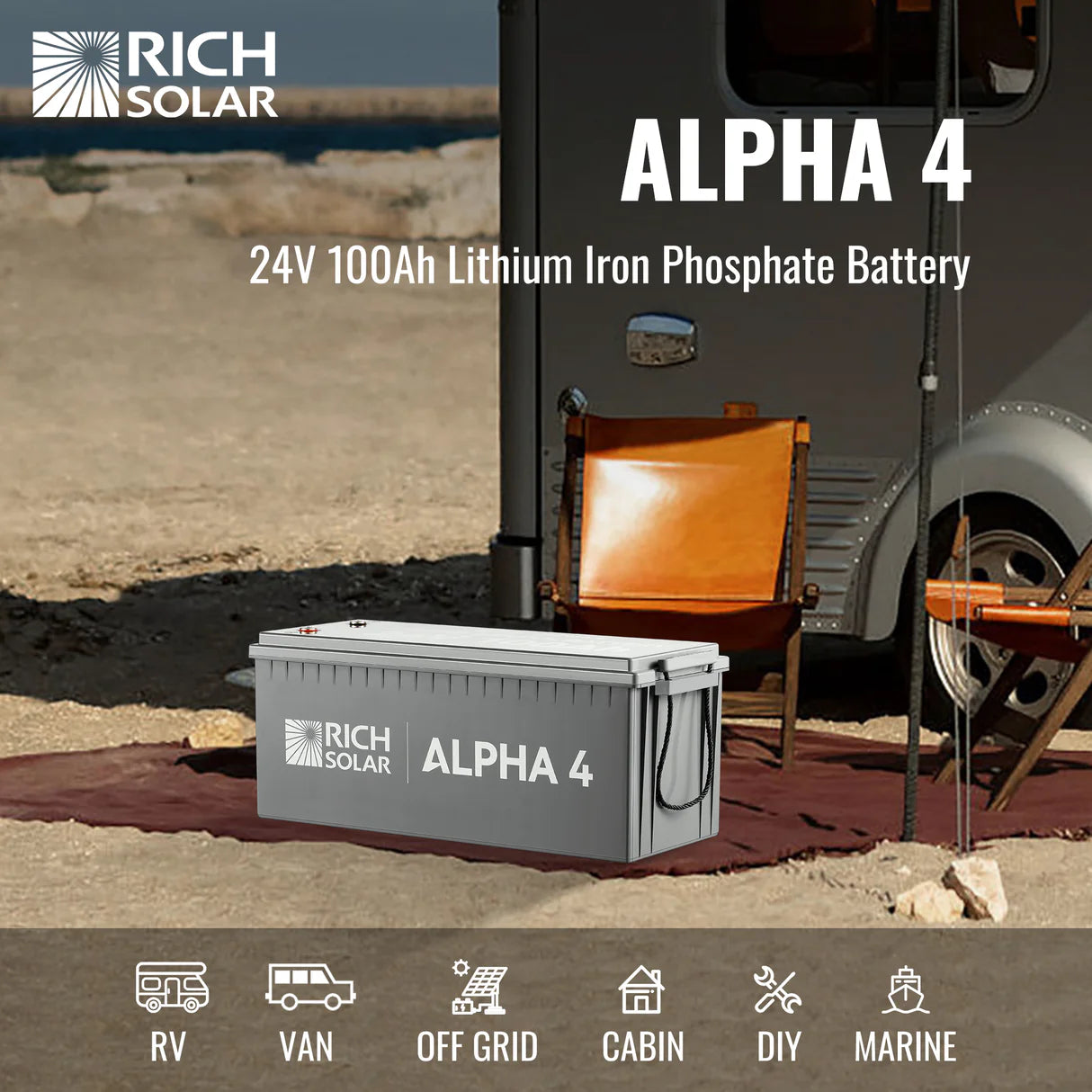 Rich Solar ALPHA 4 Series | 24V 100Ah LiFePO4 Battery | Fast-Charging 24V Lithium Battery for RVs, Trailers, Vans, Boats, Off-Grid, Backup