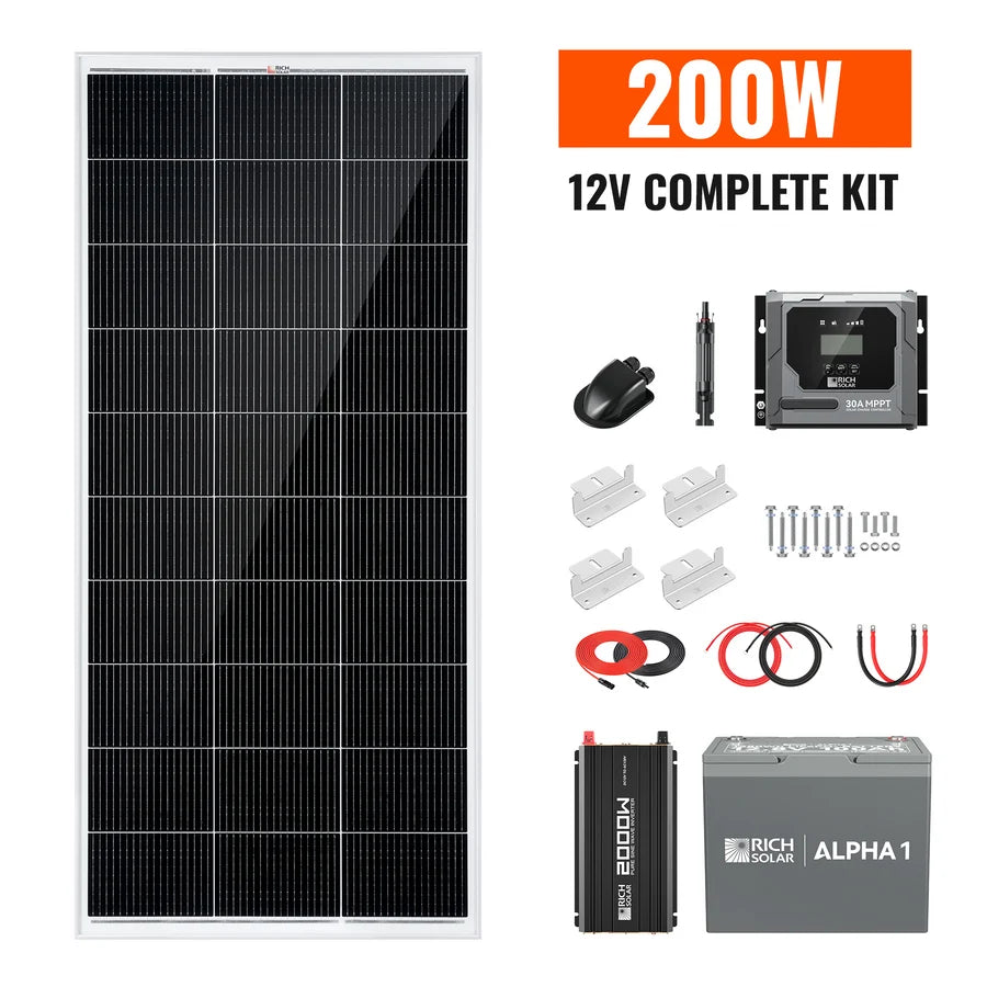 Rich Solar Complete 200W Solar Kit with Battery & Inverter | Off-Grid Solar Power System for RVs, Vans, Cabins & Backup Power | Complete Energy Solution