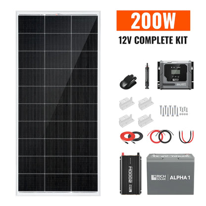 Rich Solar Complete 200W Solar Kit with Battery & Inverter | Off-Grid Solar Power System for RVs, Vans, Cabins & Backup Power | Complete Energy Solution
