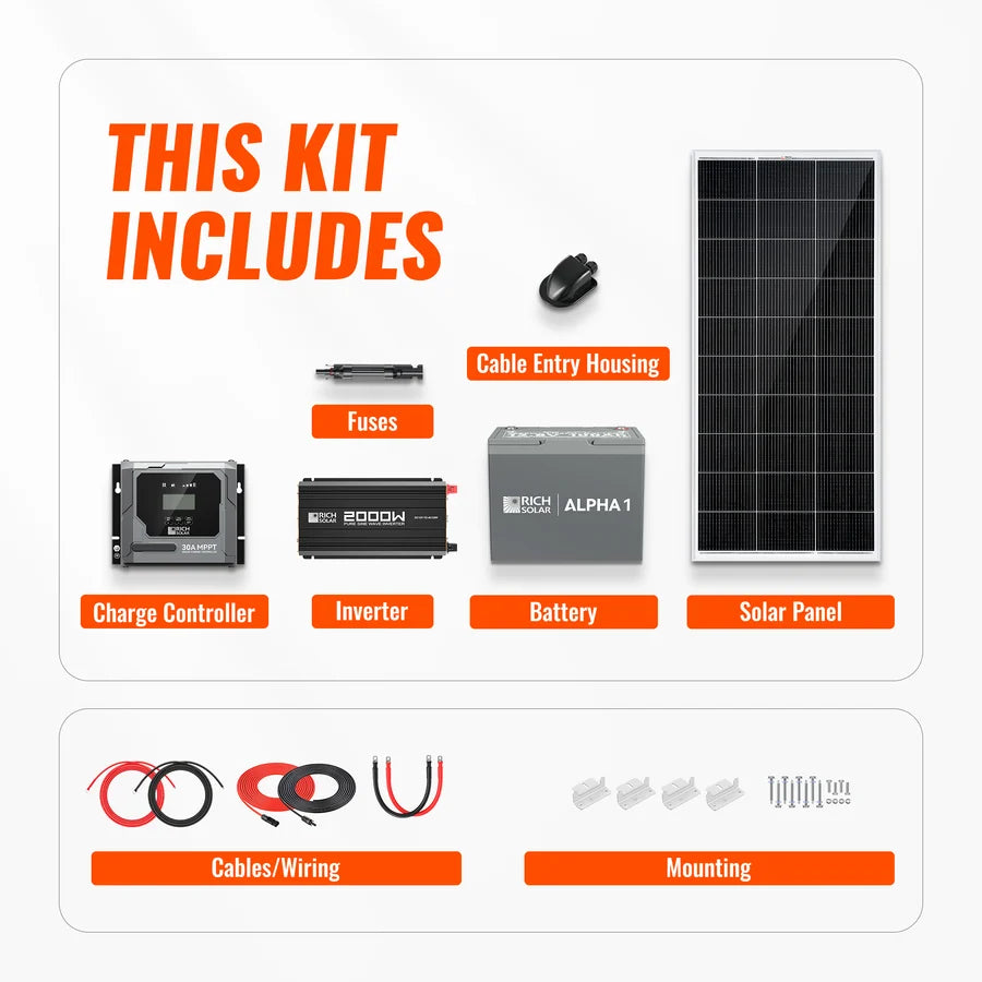 Rich Solar Complete 200W Solar Kit with Battery & Inverter | Off-Grid Solar Power System for RVs, Vans, Cabins & Backup Power | Complete Energy Solution