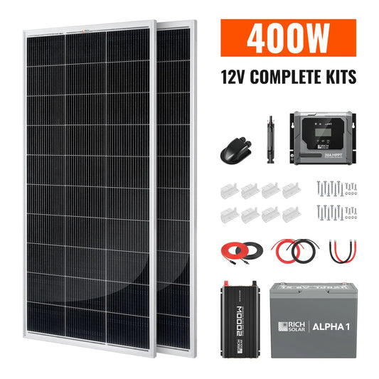 Rich Solar Complete 400W Solar Kit with Battery & Inverter | Off-Grid Solar Power System for RVs, Vans, Cabins & Backup Power | Complete Energy Solution