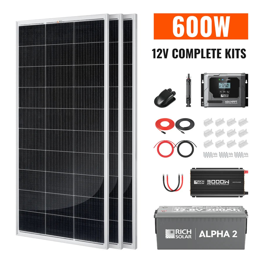 Rich Solar Complete 600W Solar Kit with Battery & Inverter | Off-Grid Solar Power System for RVs, Vans, Cabins & Backup Power | Complete Energy Solution