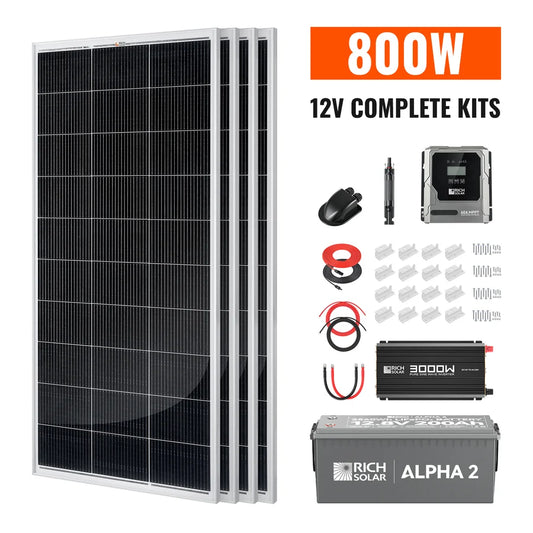 Rich Solar Complete 800W Solar Kit with Battery & Inverter | Off-Grid Solar Power System for RVs, Vans, Cabins & Backup Power | Complete Energy Solution