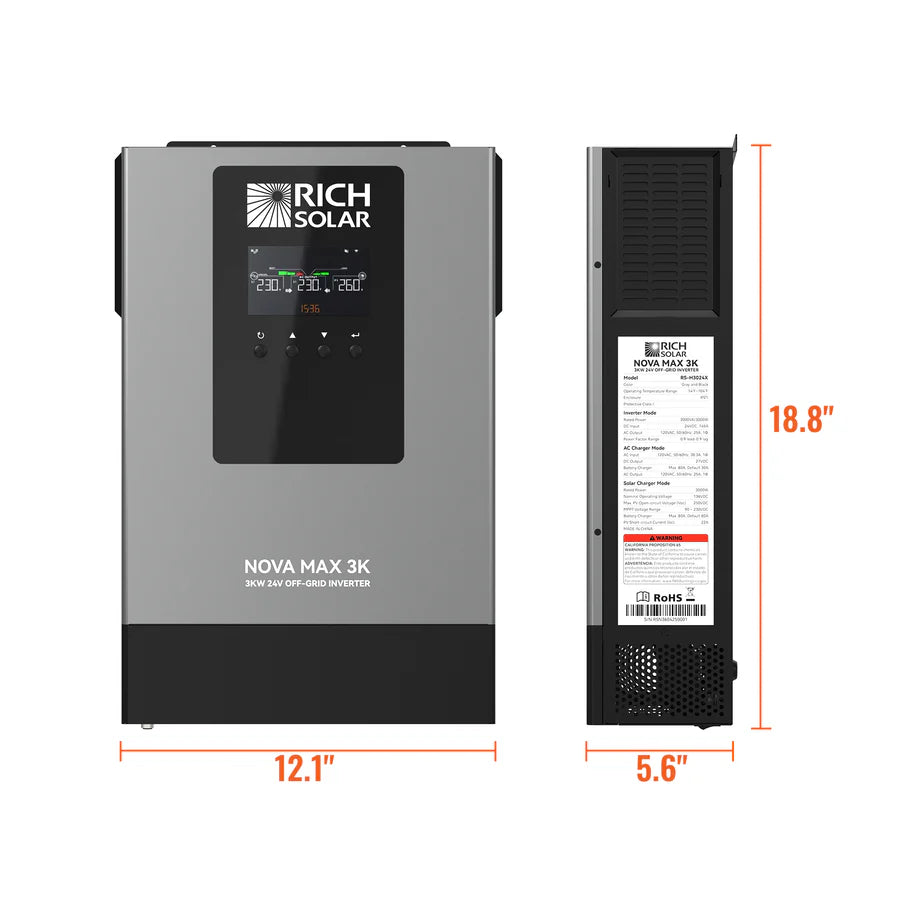 Rich Solar NOVA MAX 3K 2026 | 24V 3000W Off-Grid Hybrid Inverter | Pure Sine Wave Power for RVs, Campers, Vans, Trailers, Boats ; Off-Grid Systems