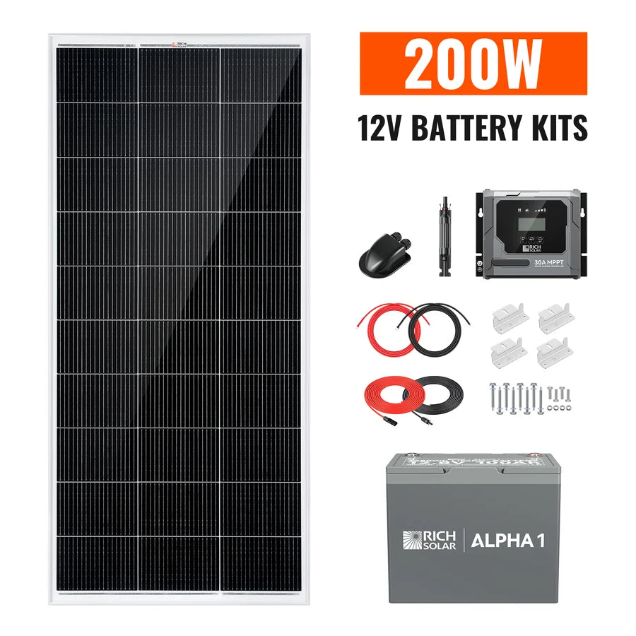 Rich Solar 200W Solar Kit with Battery | Solar + Energy Storage Kit for RVs, Vans & Off-Grid Applications | Expandable Solar Power