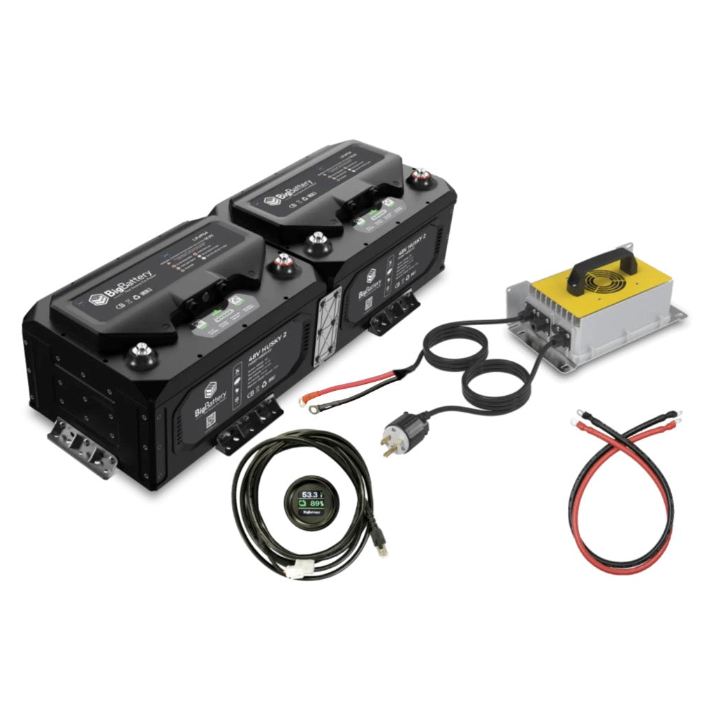 Battery system with connectors and cables on a white background, featuring a 12-year warranty text.