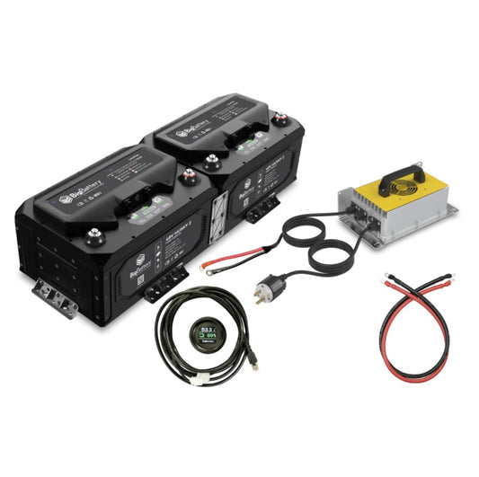 Battery system with connectors and cables on a white background, featuring a 12-year warranty text.