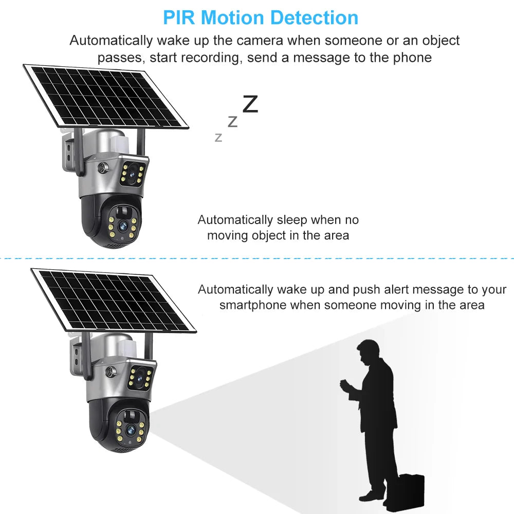 4G WiFi Solar Security Camera Dual Lens 8MP 4K PIR Night Vision Outdoor CCTV