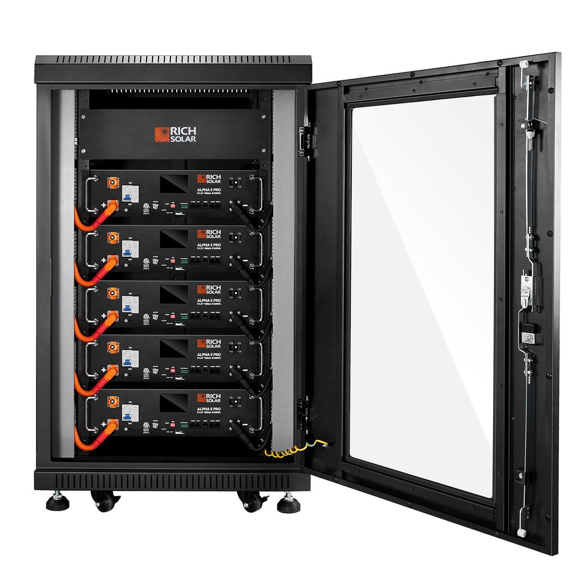 Rich SolarBattery Server Rack for ALPHA 5 PRO | 6-Slot Enclosed Battery Cabinet | Includes Wheels & 600A Bus Bar Covers | Pre-assembled