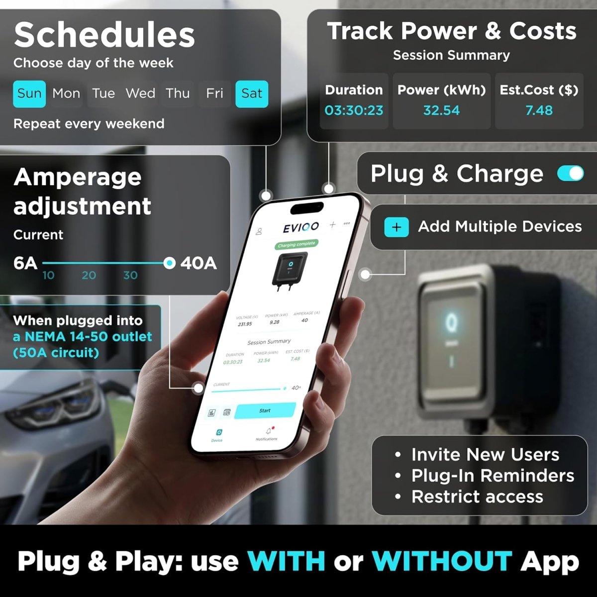 EVIQO Level 2 EV Charger, 40A (9.6kW), 240V, NEMA 14-50 Plug-in, J1772 for Non-Tesla EVs-EcoPowerit