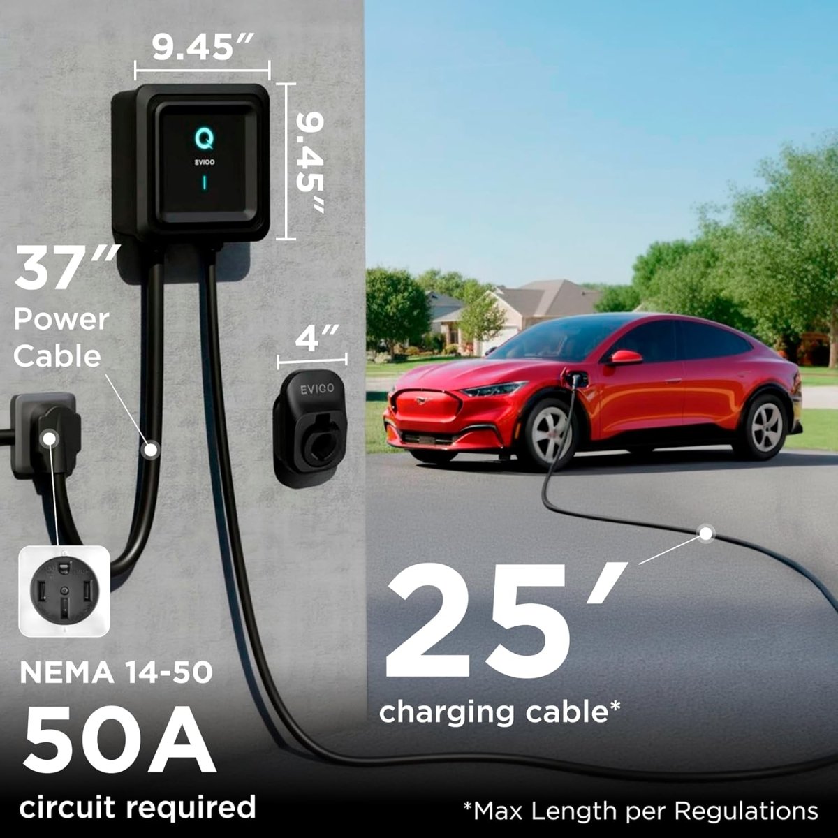 EVIQO Level 2 EV Charger, 40A (9.6kW), 240V, NEMA 14-50 Plug-in, J1772 for Non-Tesla EVs-EcoPowerit