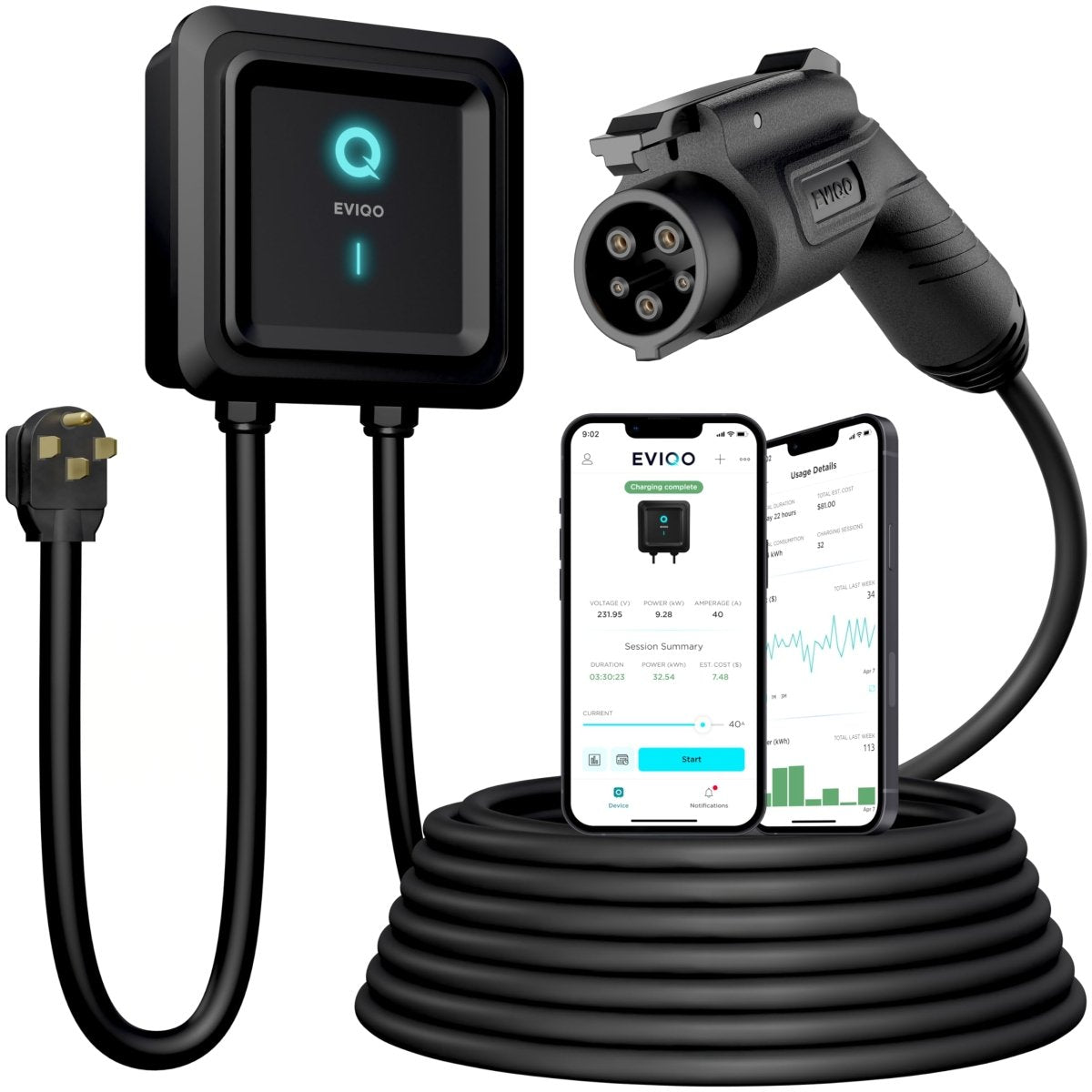 EVIQO Level 2 EV Charger, 48A (11.5kW), 240V, NEMA 14-50 Plug-in, J1772 for Non-Tesla EVs-EcoPowerit