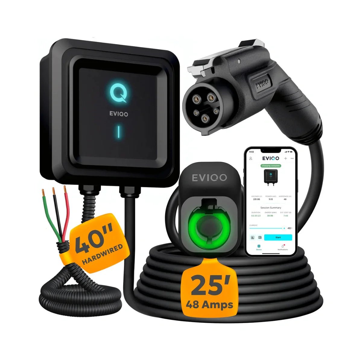 EVIQO Level 2 EV Charger, 48A (50A Max), 240V, Hardwired, J1772 for Non-Tesla EVs-EcoPowerit