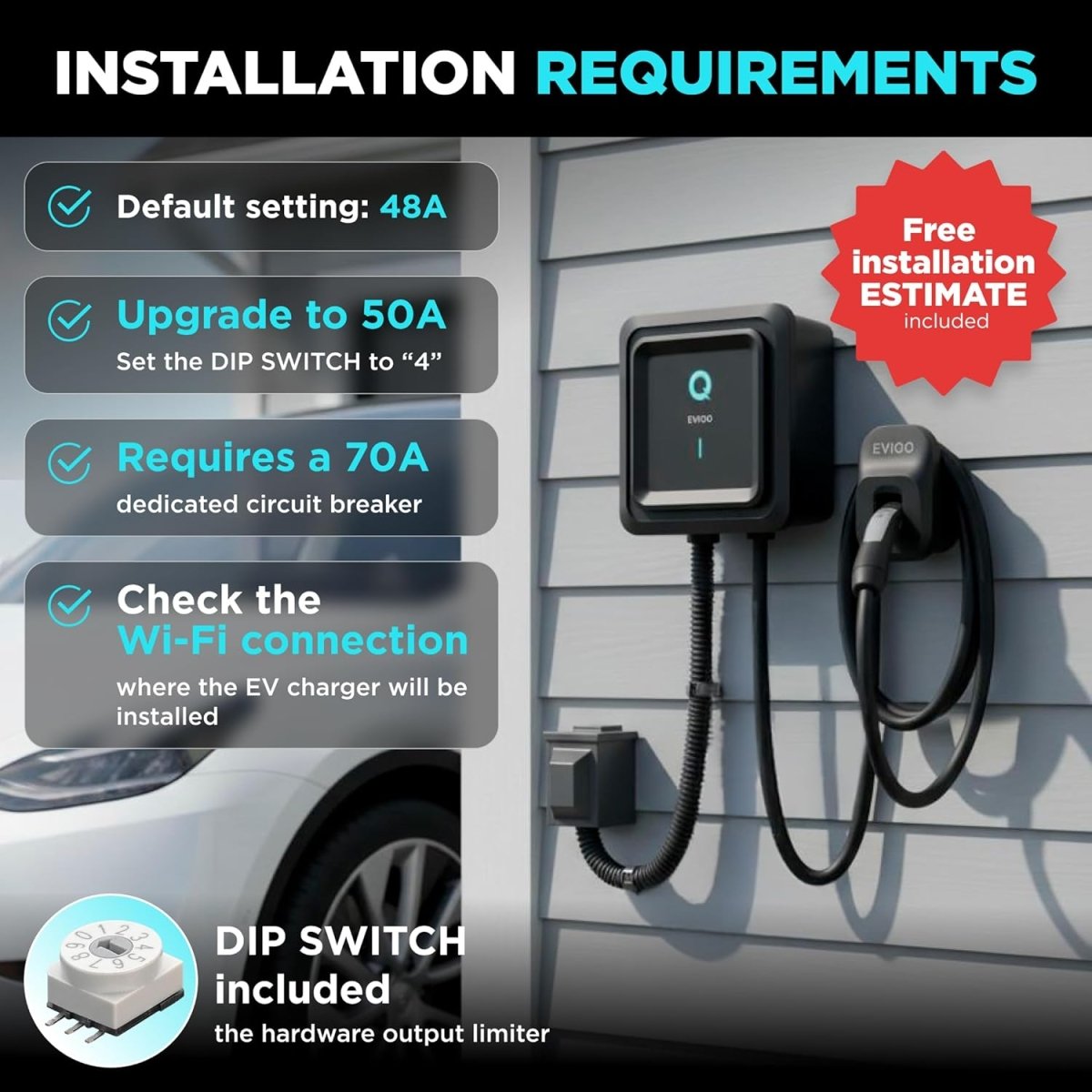 EVIQO NACS Level 2 EV Charger, 48A (50A Max), 240V, Hardwired, for Tesla EVs-EcoPowerit