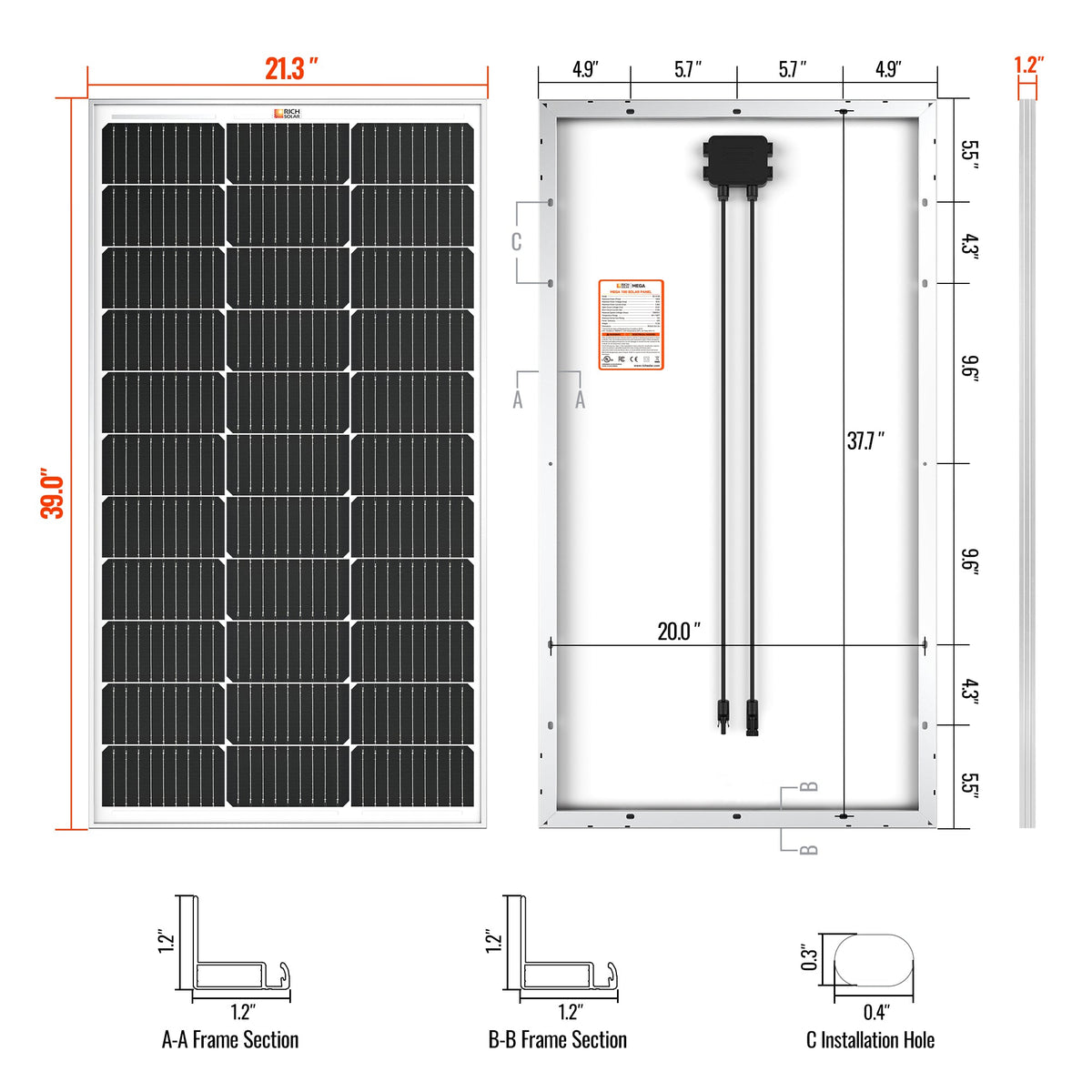 Rich Solar MEGA 100 | 100 Watt Solar Panel | Premier 12V Off-Grid Solar Panel for Vans, Campers, Boats | 25-Year Output Warranty | UL Certified