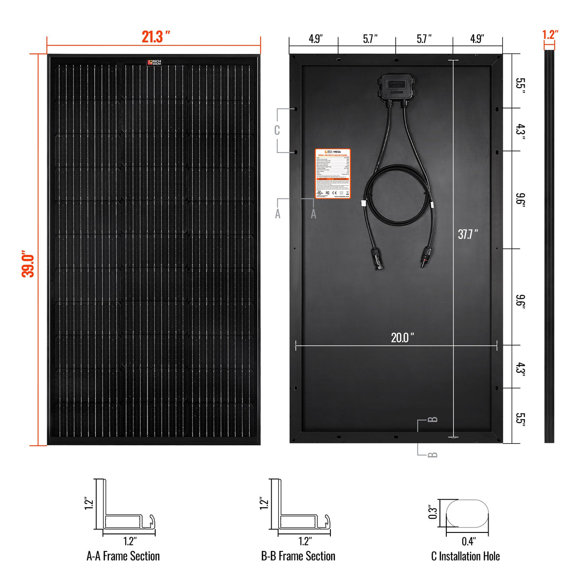 Rich Solar MEGA 100 | 100 Watt Solar Panel | Premier 12V Off-Grid Solar Panel for Vans, Campers, Boats | 25-Year Output Warranty | UL Certified