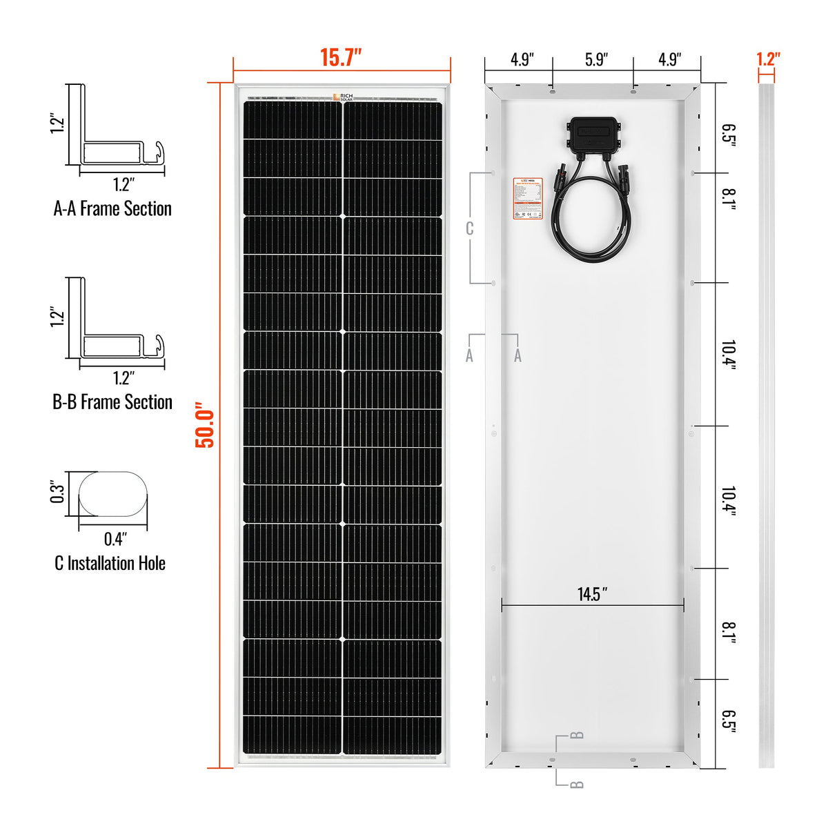 Rich Solar MEGA 100 SLIM | 100 Watt Slim Solar Panel | Compact 12V Off-Grid Narrow Solar Panel for Vans, Overlanders, Boats | 25-Year Output Warranty | UL Certified
