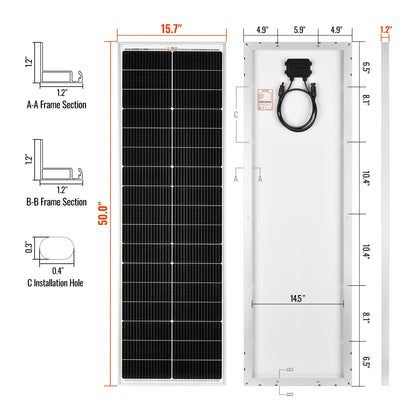 Rich Solar MEGA 100 SLIM | 100 Watt Slim Solar Panel | Compact 12V Off-Grid Narrow Solar Panel for Vans, Overlanders, Boats | 25-Year Output Warranty | UL Certified