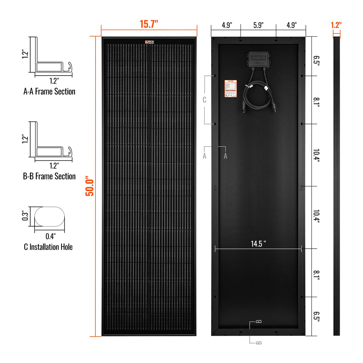 Rich Solar MEGA 100 SLIM | 100 Watt Slim Solar Panel | Compact 12V Off-Grid Narrow Solar Panel for Vans, Overlanders, Boats | 25-Year Output Warranty | UL Certified