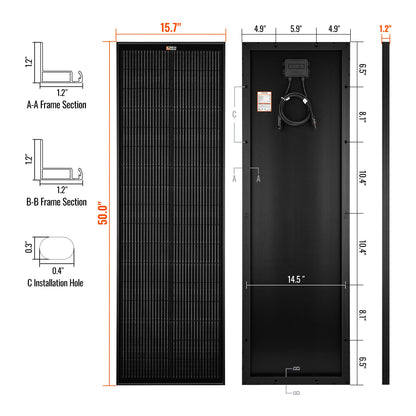 Rich Solar MEGA 100 SLIM | 100 Watt Slim Solar Panel | Compact 12V Off-Grid Narrow Solar Panel for Vans, Overlanders, Boats | 25-Year Output Warranty | UL Certified