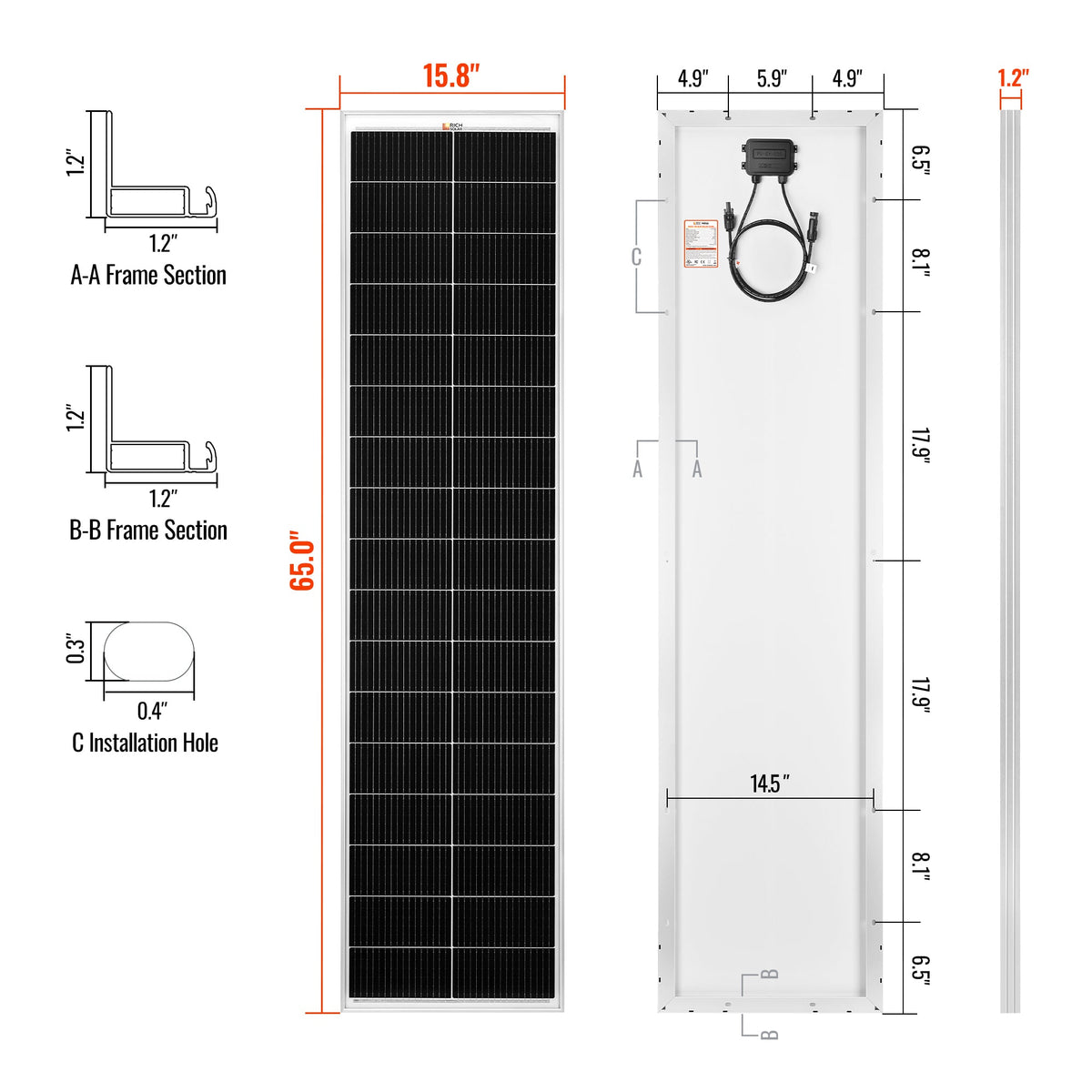 Rich Solar MEGA 130 SLIM | 130 Watt Slim Solar Panel | Compact 12V Narrow Panel for Vans, Campers, Boats | 25-Year Output Warranty | UL Certified