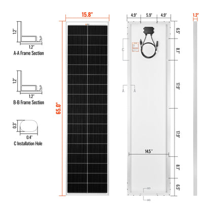 Rich Solar MEGA 130 SLIM | 130 Watt Slim Solar Panel | Compact 12V Narrow Panel for Vans, Campers, Boats | 25-Year Output Warranty | UL Certified