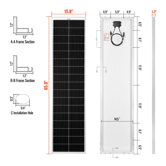 Rich Solar MEGA 130 SLIM | 130 Watt Slim Solar Panel | Compact 12V Narrow Panel for Vans, Campers, Boats | 25-Year Output Warranty | UL Certified
