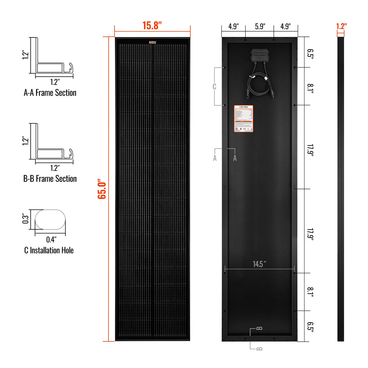 Rich Solar MEGA 130 SLIM | 130 Watt Slim Solar Panel | Compact 12V Narrow Panel for Vans, Campers, Boats | 25-Year Output Warranty | UL Certified