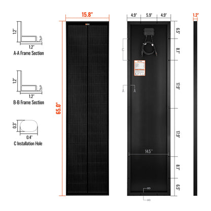 Rich Solar MEGA 130 SLIM | 130 Watt Slim Solar Panel | Compact 12V Narrow Panel for Vans, Campers, Boats | 25-Year Output Warranty | UL Certified