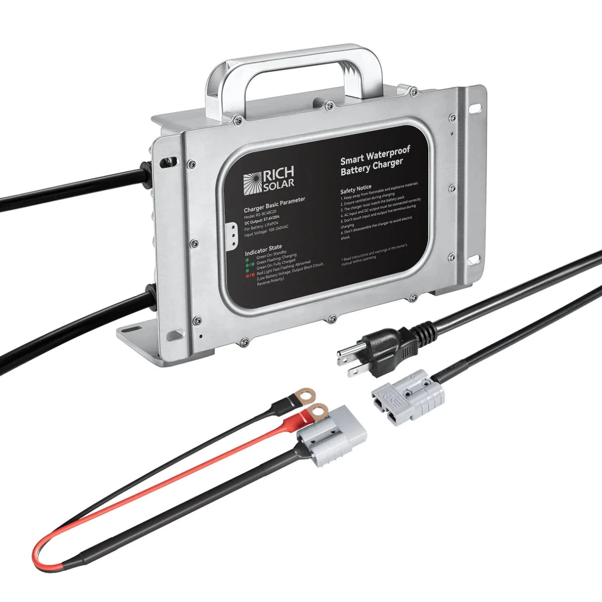 RICH SOLRA 48V (57.6V) Waterproof LiFePO4 Charger | 20A / 25A, 100-240V AC, 8-in-1 Protection, Fan-Cooled-EcoPowerit