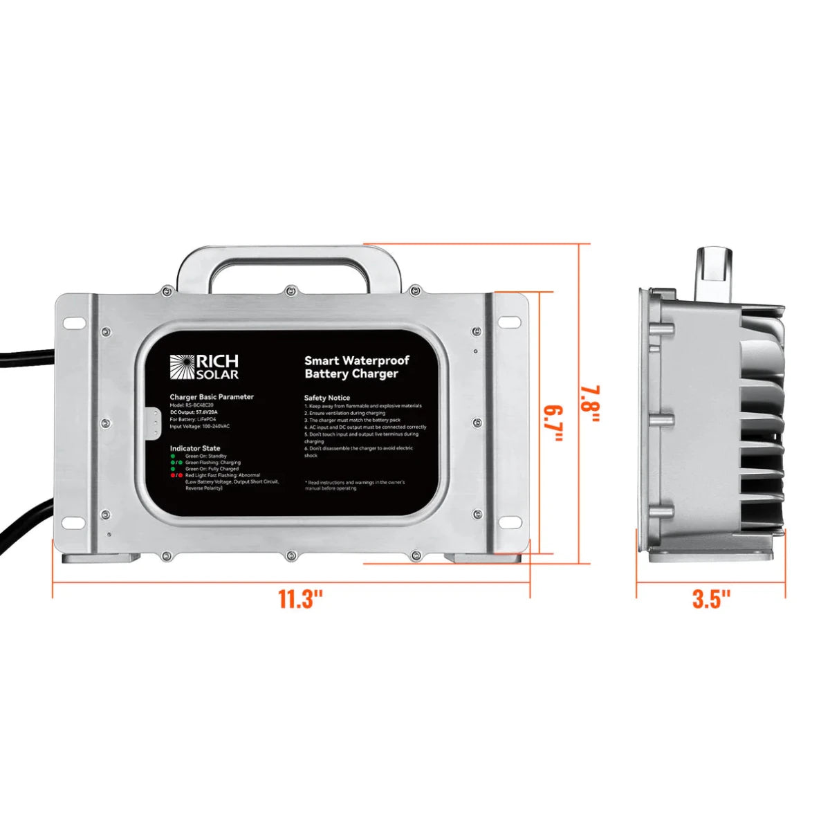 RICH SOLRA 48V (57.6V) Waterproof LiFePO4 Charger | 20A / 25A, 100-240V AC, 8-in-1 Protection, Fan-Cooled-EcoPowerit