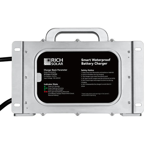 RICH SOLRA 48V (57.6V) Waterproof LiFePO4 Charger | 20A / 25A, 100-240V AC, 8-in-1 Protection, Fan-Cooled-EcoPowerit